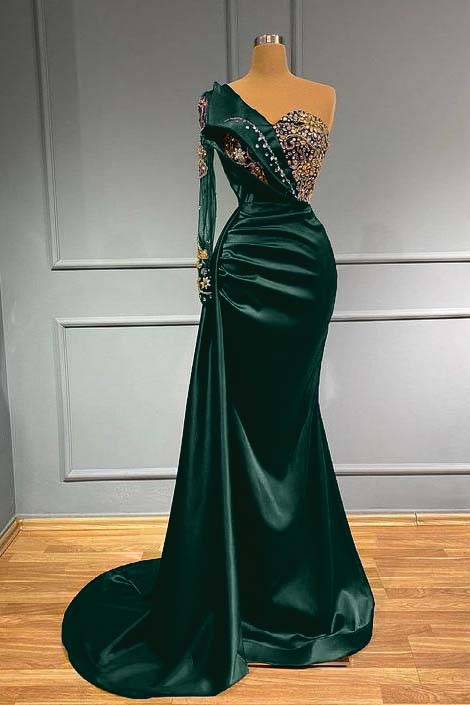 Dark Blue Long Sleeve One Shoulder Mermaid Prom Dress With beads