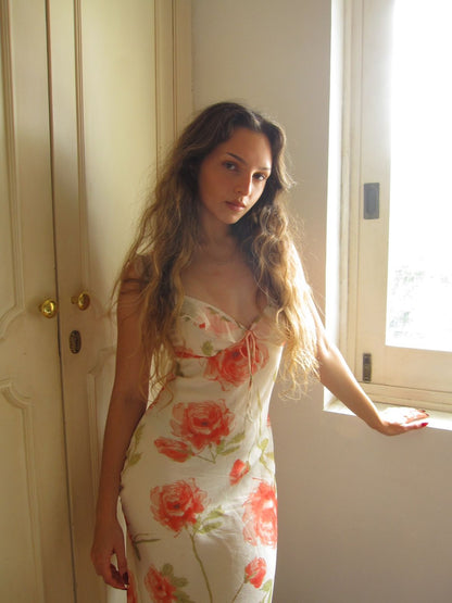Gentle Sheath Straps Printed Floral Chiffon Tea Length Vacation Dress Outfits SH4517