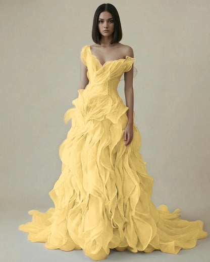 Dreamy Sky Blue V-Neck Pleated Ruffles Long Evening Dress