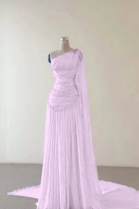 Glamorous Pink Sleeveless One Shoulder Long Evening Dress With Train