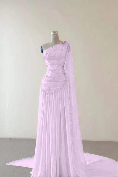 Glamorous Pink Sleeveless One Shoulder Long Evening Dress With Train