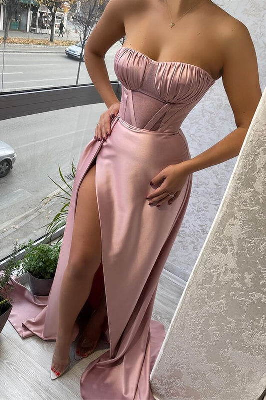 Sexy Pink Strapless Mermaid Prom Dress With Slit Pleats Ruffles