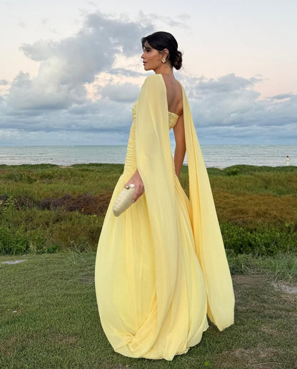 Elegant Daffodil Chiffon Strapless Sleeveless Split Prom Dress with Scarf