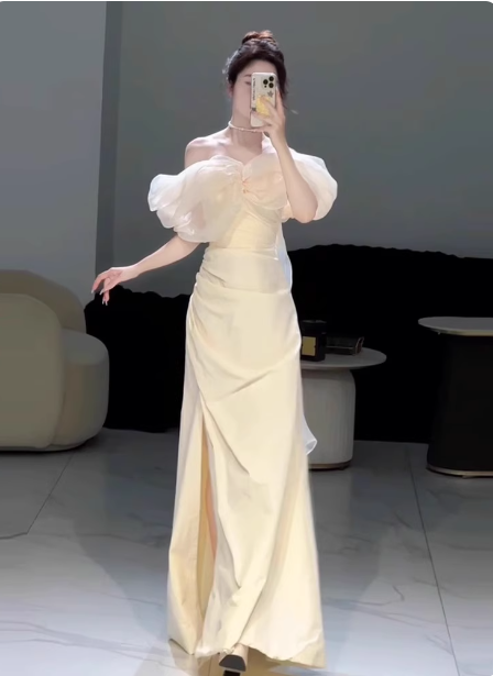 Sweet Cream Yellow A-Line Off-the-Shoulder Bow-Embellished High-Slit Satin Long Prom Dress Evening Dress P4360