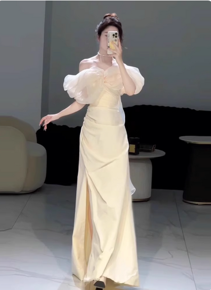 Sweet Cream Yellow A-Line Off-the-Shoulder Bow-Embellished High-Slit Satin Long Prom Dress Evening Dress P4360