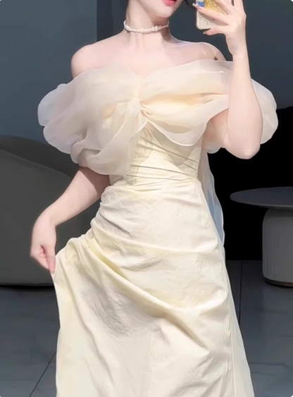 Sweet Cream Yellow A-Line Off-the-Shoulder Bow-Embellished High-Slit Satin Long Prom Dress Evening Dress P4360