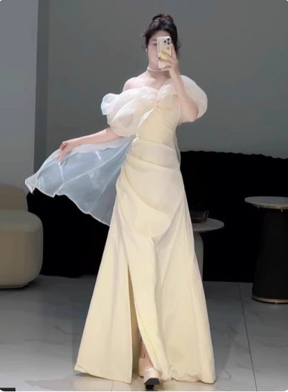 Sweet Cream Yellow A-Line Off-the-Shoulder Bow-Embellished High-Slit Satin Long Prom Dress Evening Dress P4360