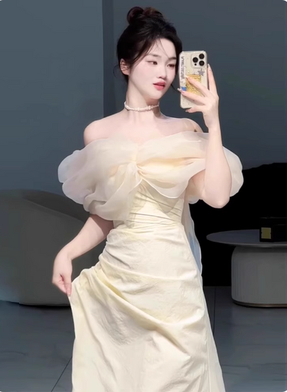 Sweet Cream Yellow A-Line Off-the-Shoulder Bow-Embellished High-Slit Satin Long Prom Dress Evening Dress P4360