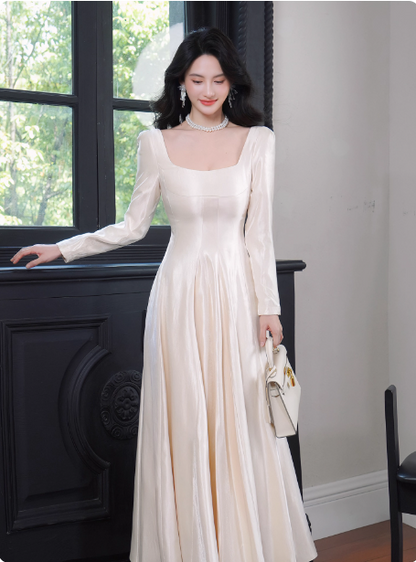 Elegant Ivory A-Line Square Neck Long-Sleeve Satin Long Prom Dress Evening Dress P4362
