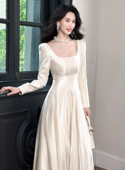 Elegant Ivory A-Line Square Neck Long-Sleeve Satin Long Prom Dress Evening Dress P4362