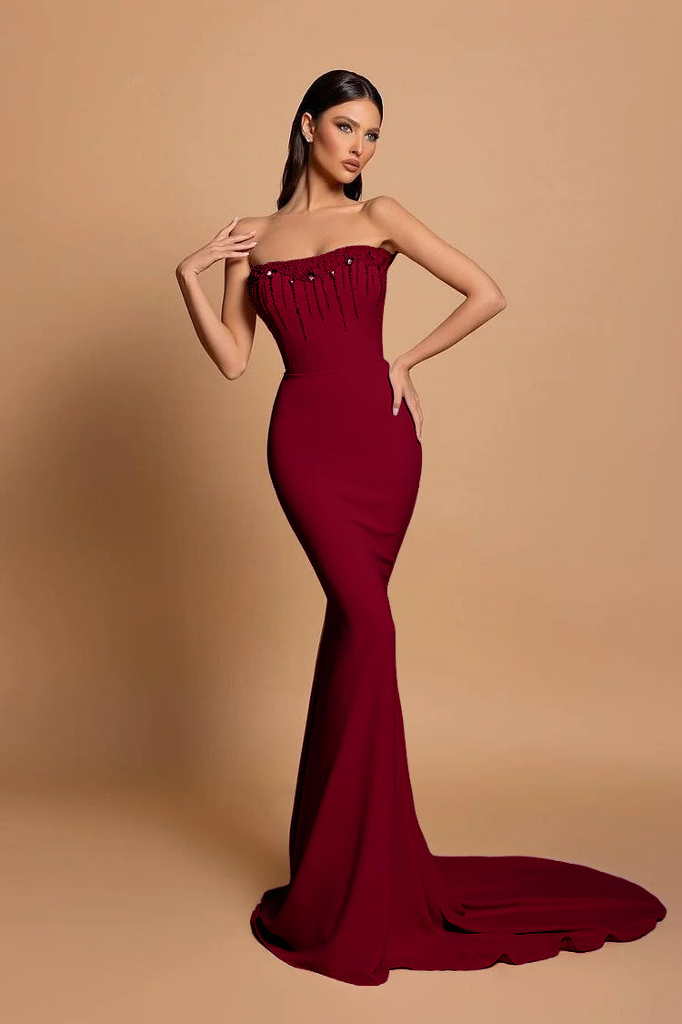 Strapless Pink Sleeveless Long Mermaid Beading Evening Dress