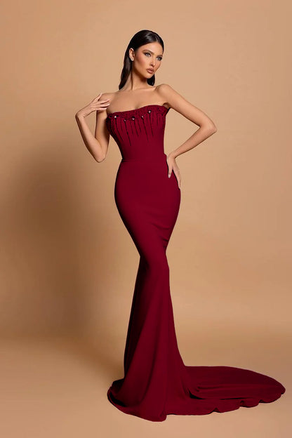 Strapless Pink Sleeveless Long Mermaid Beading Evening Dress