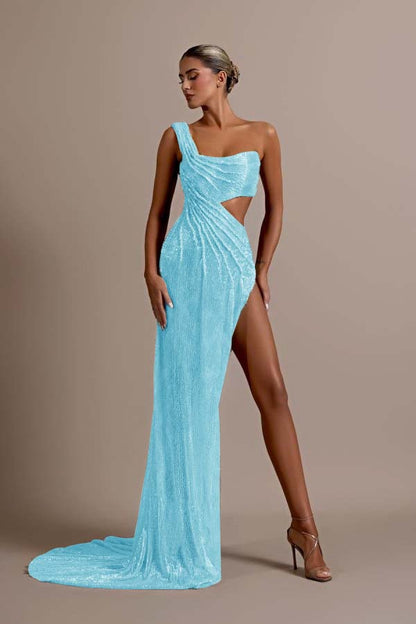 Mint Green One Shoulder Long Prom Dress Sleeveless with Split