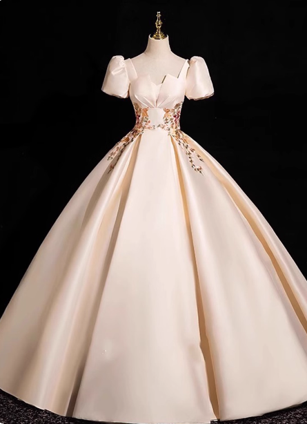 Princess Light Champagne Short-Sleeve Floral Embroidered Ball Gown Evening Dress P4363