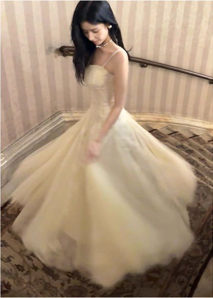 Sweet Cream Apricot A-Line Spaghetti Strap Lace Tulle Long Prom Dress Evening Dress P4365