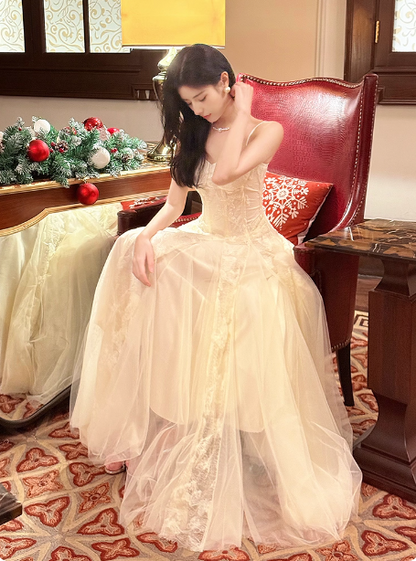 Sweet Cream Apricot A-Line Spaghetti Strap Lace Tulle Long Prom Dress Evening Dress P4365
