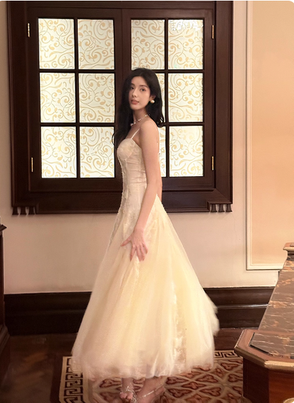 Sweet Cream Apricot A-Line Spaghetti Strap Lace Tulle Long Prom Dress Evening Dress P4365