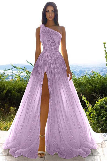 Sequins One Shoulder Prom Dress Daffodil With Front Slit