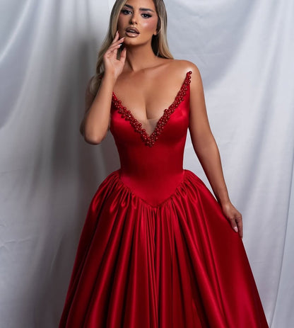 Sleeveless Deep V-Neck Strapless A-Line Prom Dress With Beads