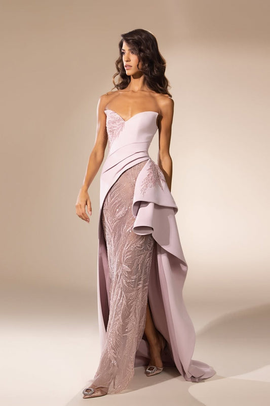 Sleeveless Strapless V Neck Embroidery Long Prom Dress With Slit