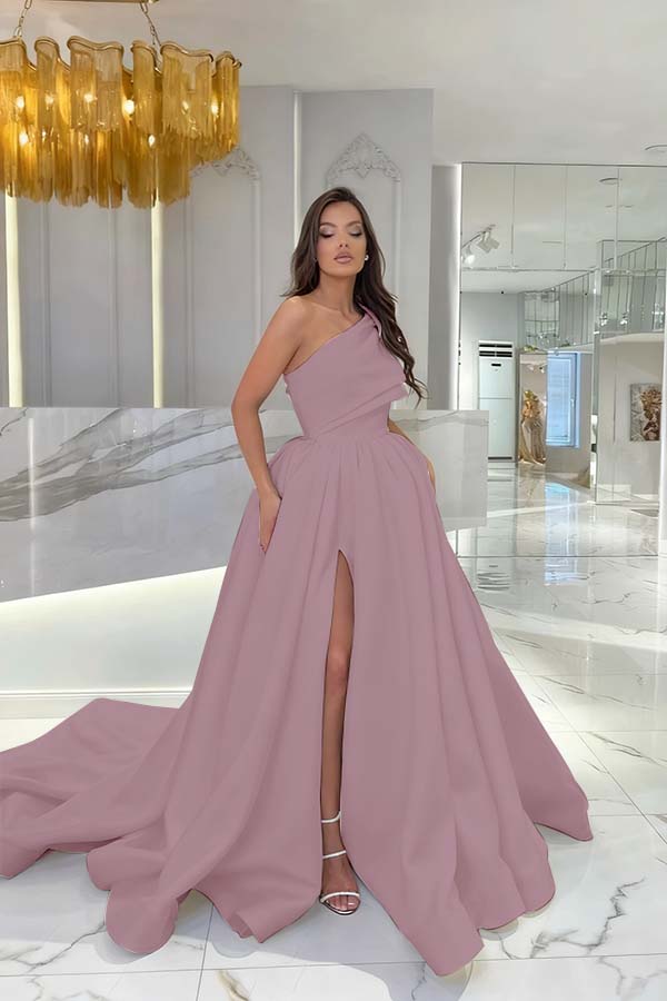 Black Satin Sleeveless One Shoulder Strap Long Prom Dress With Slit
