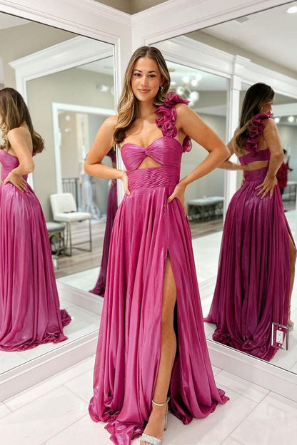 Charming Fuchsia Sleeveless One Shoulder Long Pleated Prom Dress with Split