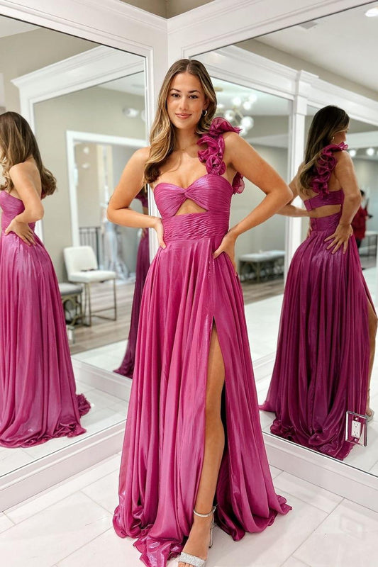 Charming Fuchsia Sleeveless One Shoulder Long Pleated Prom Dress with Split