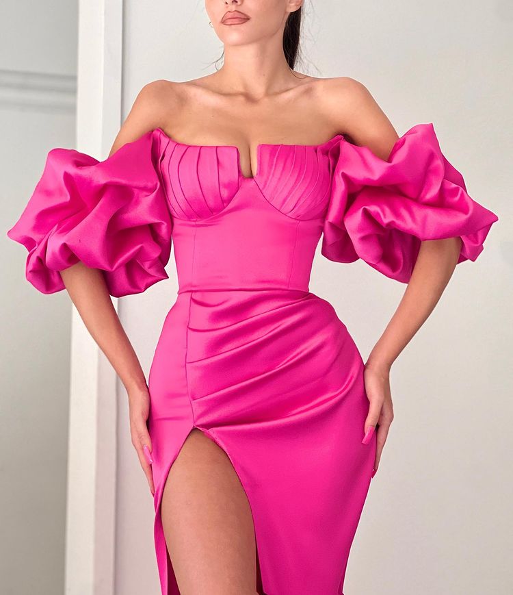 Fuchsia Strapless Off-the-Shoulder Mermaid Puff Sleeves Evening Dress With Split