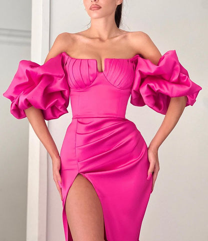 Fuchsia Strapless Off-the-Shoulder Mermaid Puff Sleeves Evening Dress With Split