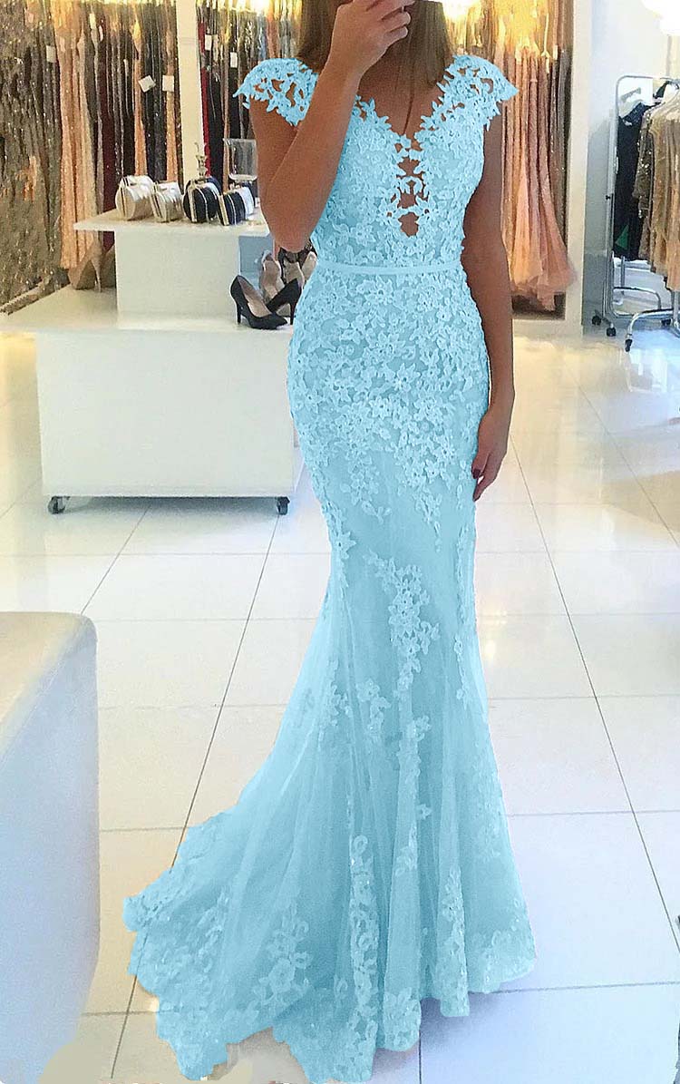 Appliques Mermaid Cap Sleeve Prom Dress