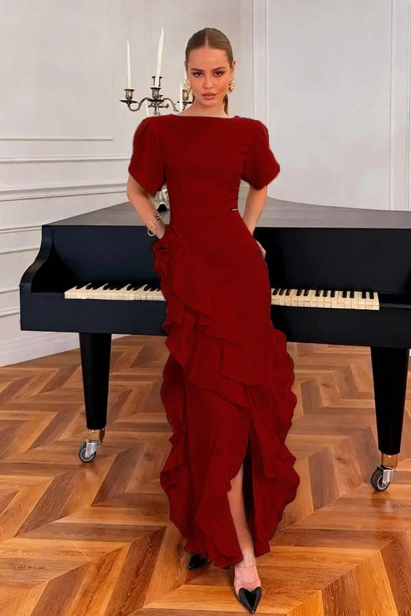 Charming Black Jewel Neck Short Sleeves Ruffles Split Evening Dress