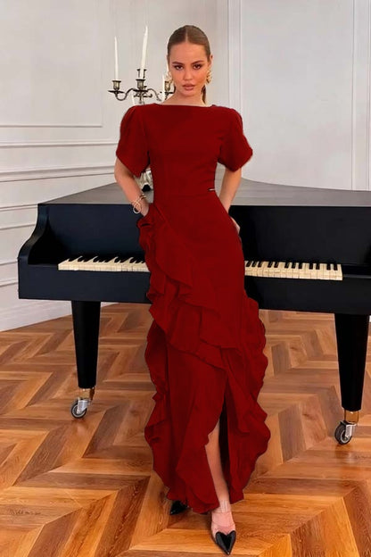 Charming Black Jewel Neck Short Sleeves Ruffles Split Evening Dress