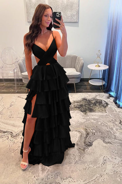 Stunning Red Spaghtti Strap V Neck Sleeveless Split Prom Dress with Ruffles