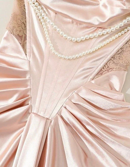 Stunning Sheath Off the Shoulder Pearl Pink Lace Satin Prom Dress Wedding Guest Dress SH4221