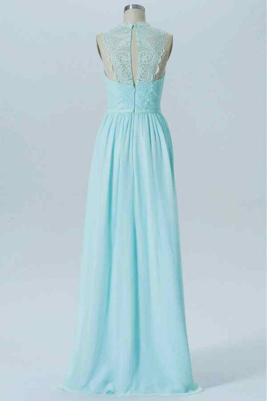 Caribbean A-line Lace Illusion Halter Chiffon Long Bridesmaid Dress
