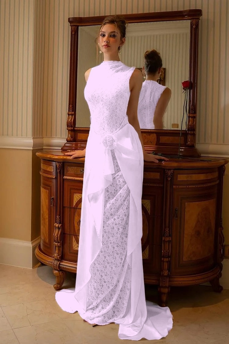 High Neck Sleeveless Mermaid Evening Dress With Lace Embroidery