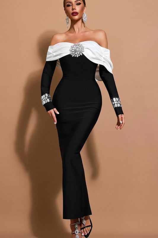 Black and White Splicing Long Sleeves Strapless Mermaid Prom Dress