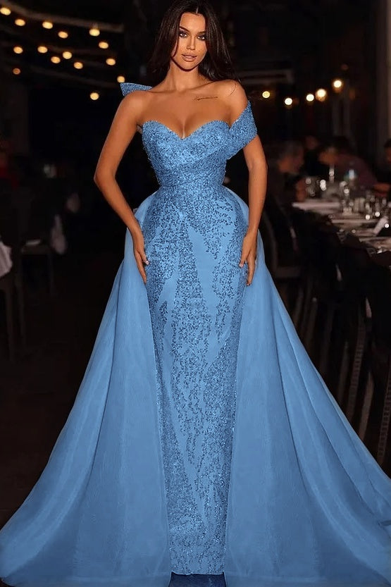 Baby Blue Embroidery Sleeveless Strapless One-Shoulder Mermaid Beads Prom Dress