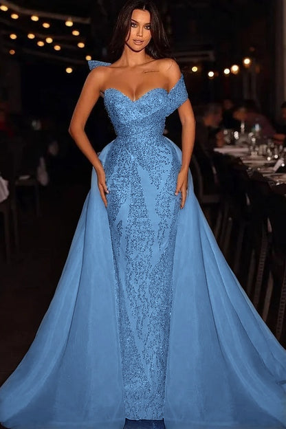 Baby Blue Embroidery Sleeveless Strapless One-Shoulder Mermaid Beads Prom Dress