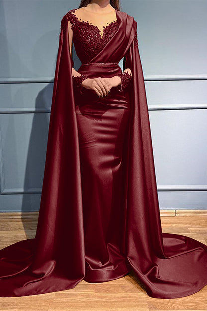 Rust Long Sleeves Beads Appliques Mermaid Evening Dress With Ruffles