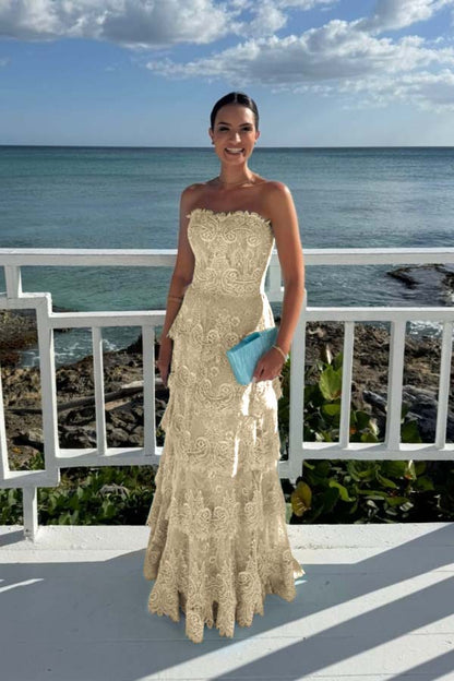 Elegant Mint Green Lace Strapless Sleeveless Prom Dress with Ruffles