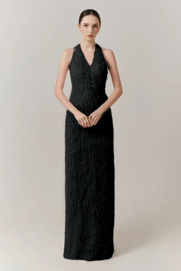 Sleeveless Halter Straps V-Neck Feathered Mermaid Evening Dress with Pearl Details