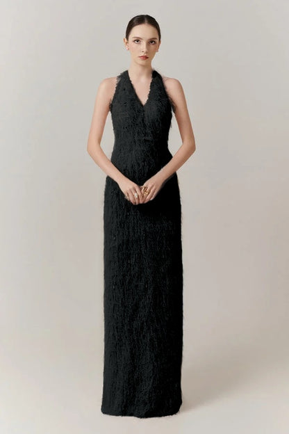 Sleeveless Halter Straps V-Neck Feathered Mermaid Evening Dress with Pearl Details