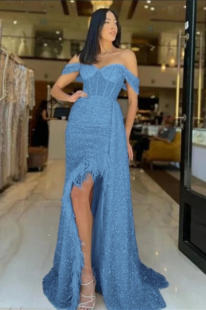 Sweetheart Long Mermaid Evening Dress With Feathers