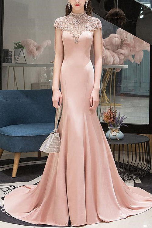 Pink Mermaid High Collar Evening Dress Tassel With Beadings On Sale