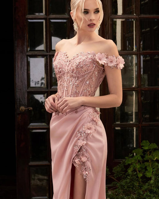 Glamorous Dusty Rose Off the Shoulder Satin Applique Strapless Prom Dress with Split