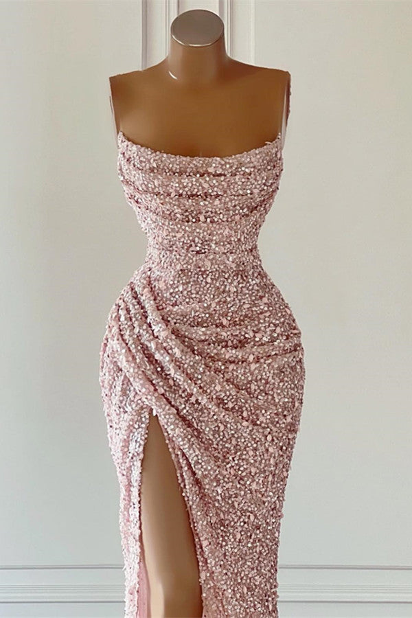 Dusty Pink Square Neck Sleeveless Mermaid Prom Dress Long Slit with Sequins