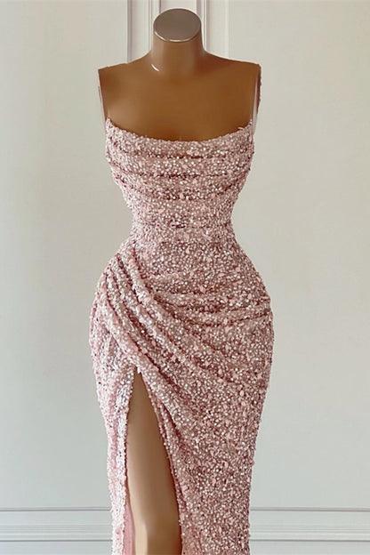 Dusty Pink Square Neck Sleeveless Mermaid Prom Dress Long Slit with Sequins