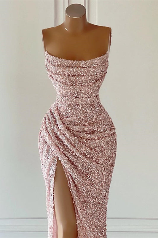 Dusty Pink Square Neck Sleeveless Mermaid Prom Dress Long Slit with Sequins