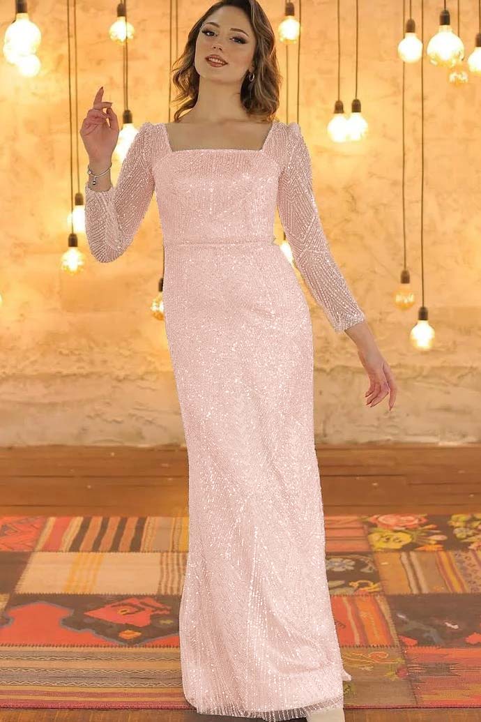 Luxurious Long Sleeves Square Long Evening Dress With Beading